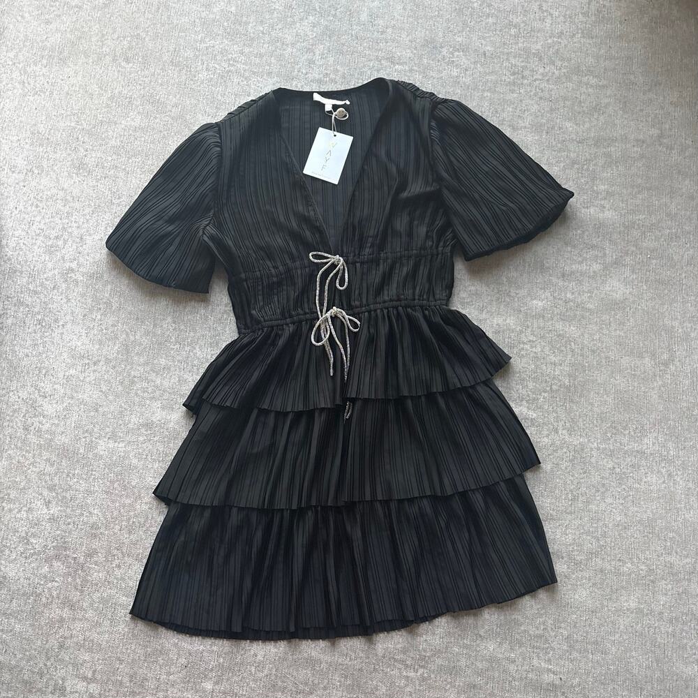 NWT WAYF Tiered Ruffle Satin Black Mini Dress - Picture 2 of 7